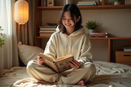 Jeune femme lisant un manga en version française sur le sol de sa chambre entourée de volumes empilés