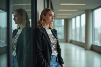 Jeune femme en blazer regardant son reflet dans un espace moderne