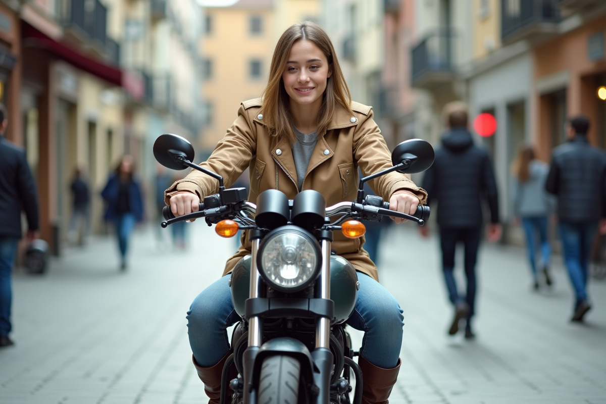 Jeune femme ajustant son miroir sur une moto en ville