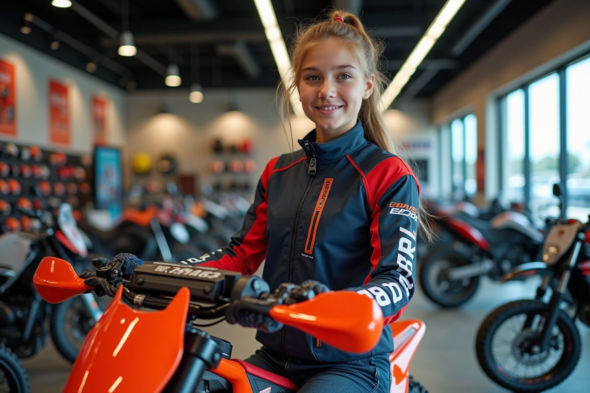 Jeune femme en équipement motocross sur moto moderne