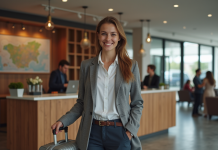 Jeune femme souriante dans un hostel moderne avec valise