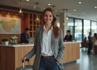 Différence entre un hébergement et un logement : lequel choisir ? Jeune femme souriante dans un hostel moderne avec valise