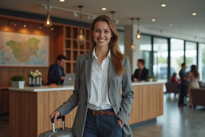 Jeune femme souriante dans un hostel moderne avec valise