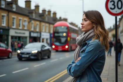 Jeune femme en denim et écharpe devant panneau limite 30 mph
