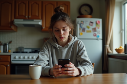 Jeune femme pensive avec smartphone dans la cuisine