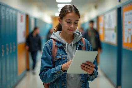 Jeune fille au lycée utilisant son ordinateur portable