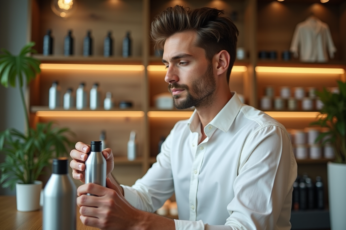 Jeune homme examinant des produits capillaires en salon