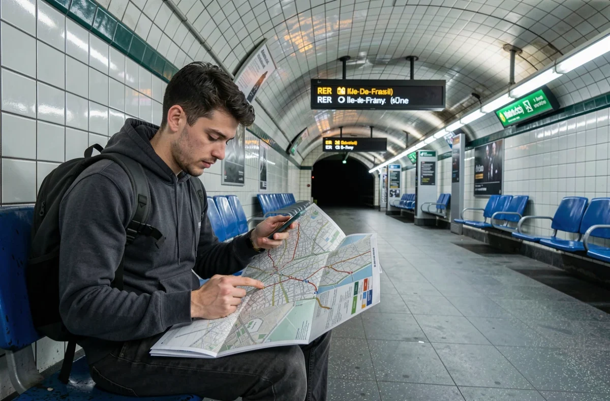 Jeune homme consultant une carte du RER et du métro dans une station de correspondance parisienne