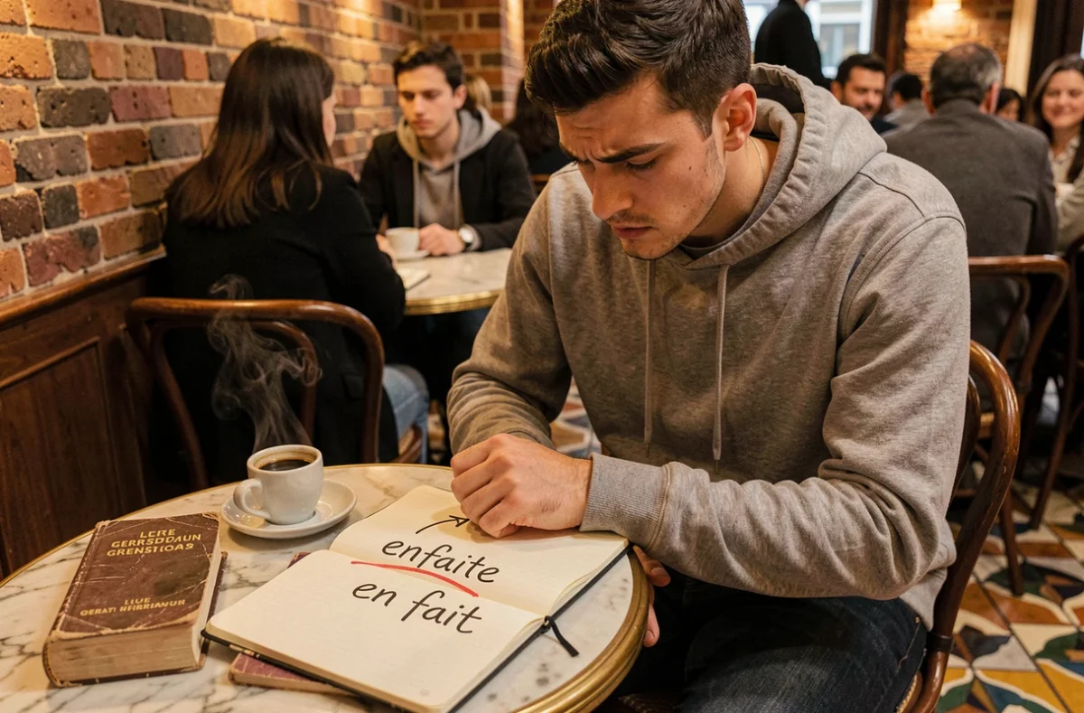 Jeune homme corrigeant l'orthographe d'en fait dans son carnet dans un café parisien