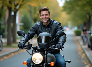 Pourquoi choisir la Benda Avengers 125 pour débuter en moto ? Jeune homme souriant sur une moto 125cc dans un quartier calme