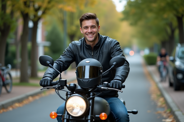 jeune-homme-moto-125cc-sous-bois Jeune homme souriant sur une moto 125cc dans un quartier calme