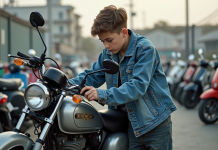 Jeune garçon inspectant une moto 50cc d'occasion