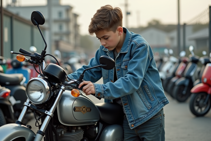 Jeune garçon inspectant une moto 50cc d'occasion