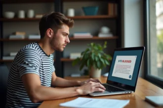 Jeune homme perplexe devant un ordinateur avec message de blocage