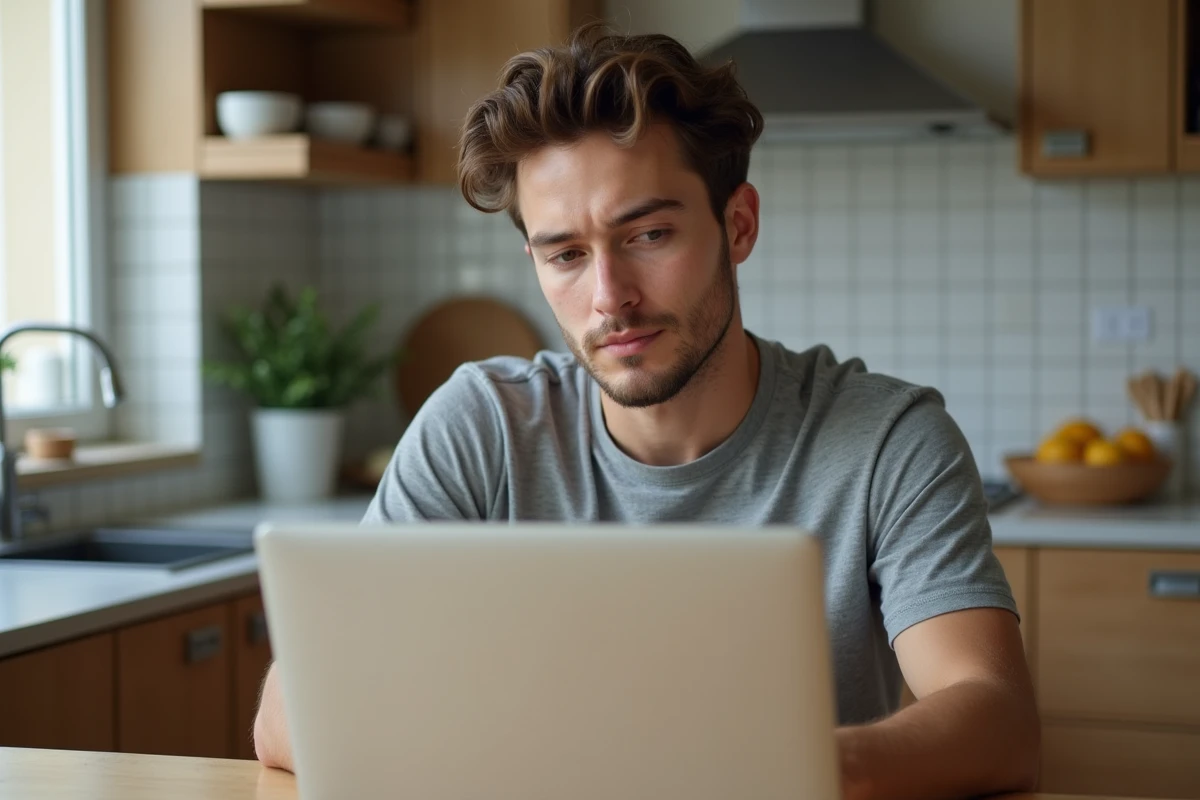Jeune homme pensif avec ordinateur et smartphone à la maison