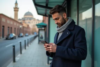 Jeune homme en hiver vérifiant l'heure de prière sur son smartphone