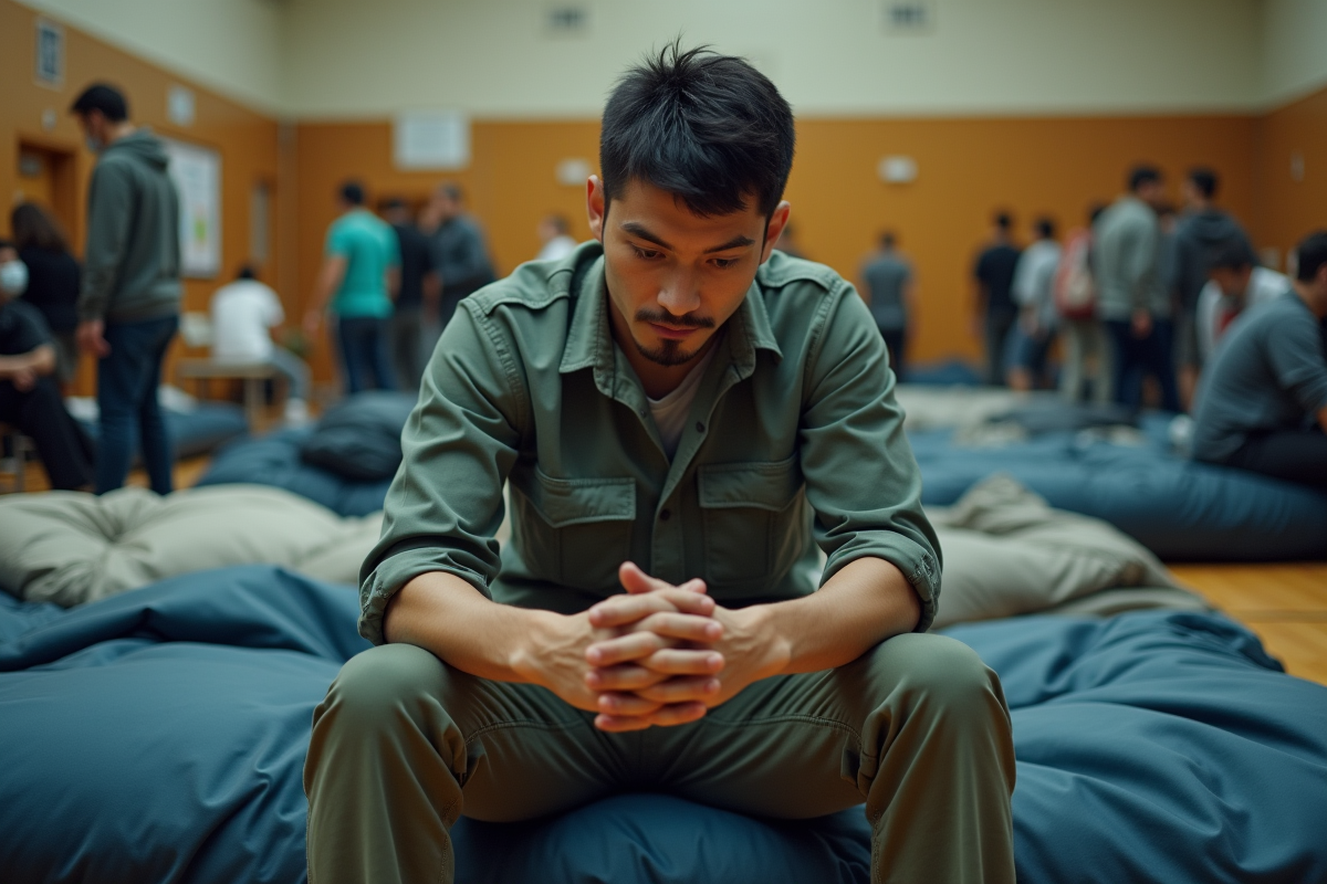 Jeune homme dans un refuge assis pensif