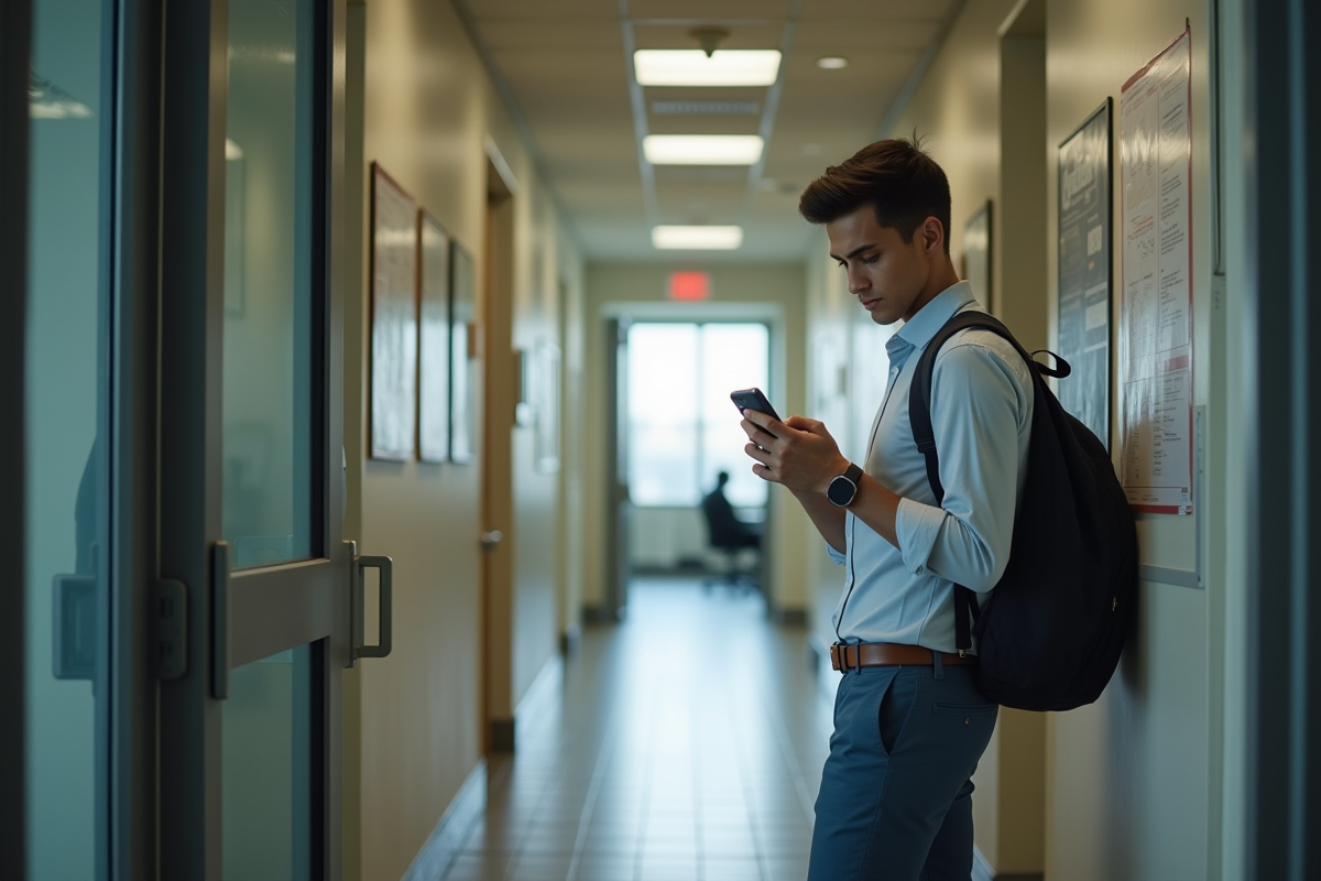 Jeune homme dans un couloir regarde son smartphone