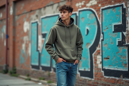 Jeune homme en streetwear devant un mur graffiti urbain