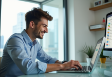 Meilleure traduction automatique : comparatif des outils performants en ligne Jeune homme en bureau compare outils de traduction