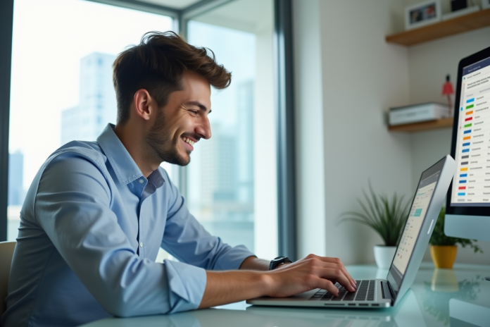 jeune-homme-traduction-outils Jeune homme en bureau compare outils de traduction