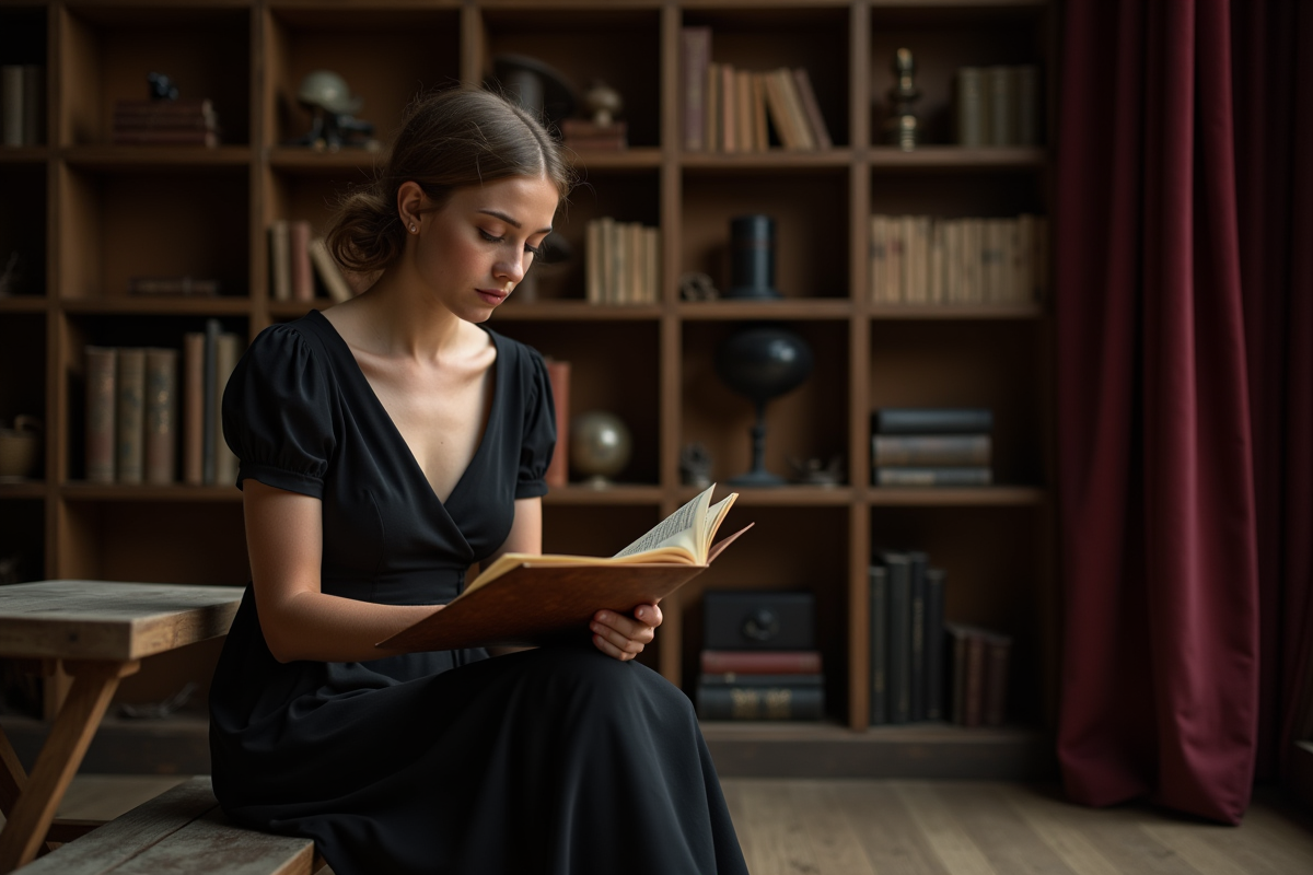 Jeune soprano en rehearsal avec partition dans les coulisses