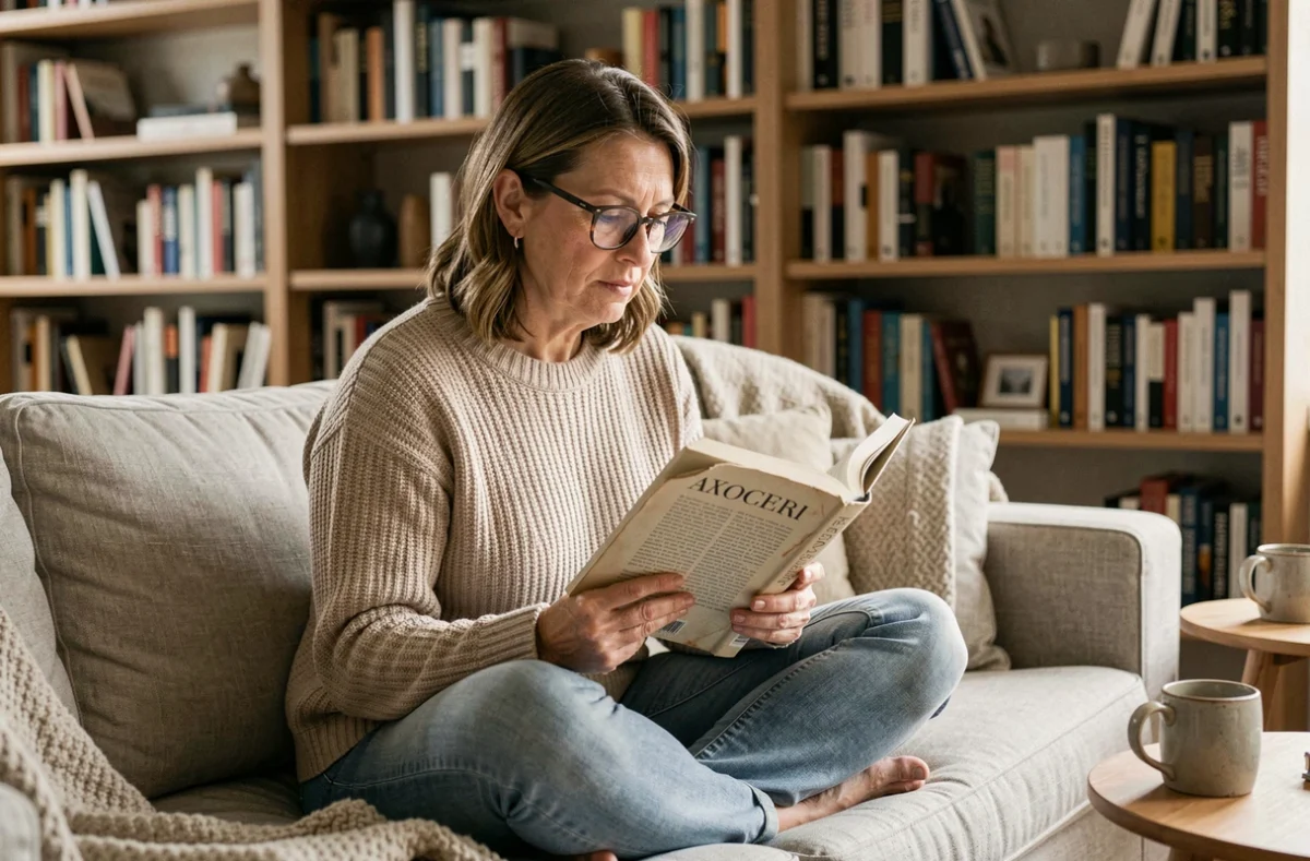 Femme d'âge moyen lisant un roman à couverture souple sur un canapé en lin dans un salon moderne avec bibliothèque murale