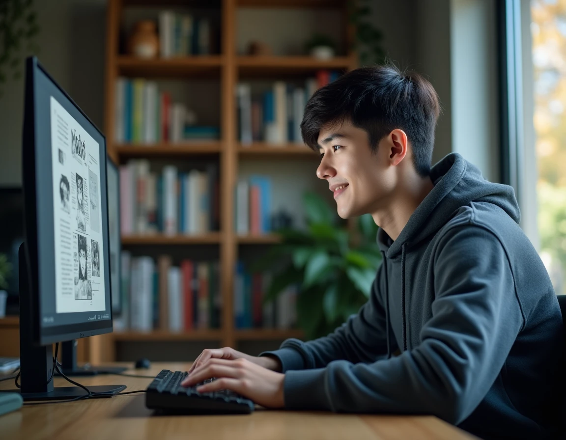 Jeune homme lisant des scans manga sur son ordinateur avec un bloqueur de publicités actif dans son navigateur