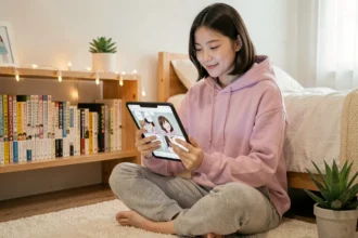 Jeune femme asiatique lisant un manhwa romantique sur tablette dans une chambre cosy décorée à la coréenne