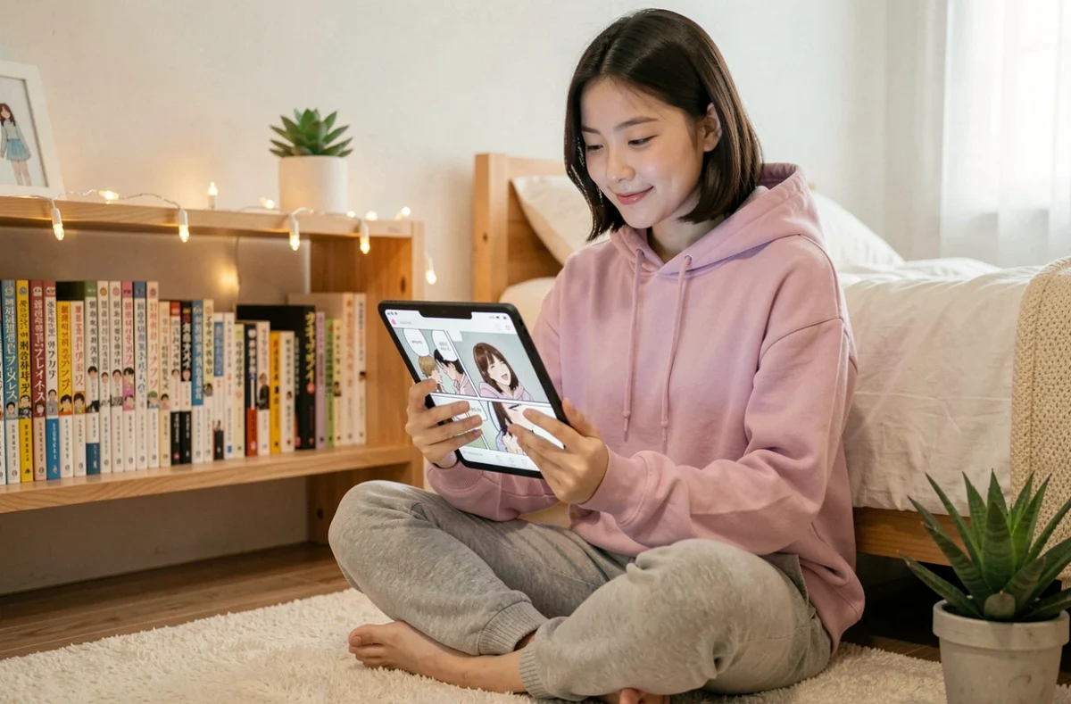 Jeune femme asiatique lisant un manhwa romantique sur tablette dans une chambre cosy décorée à la coréenne