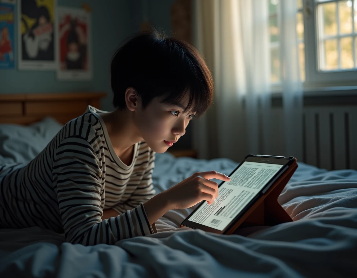 Adolescent lisant des scans manga sur une tablette dans sa chambre, navigation fluide sans publicités intrusives
