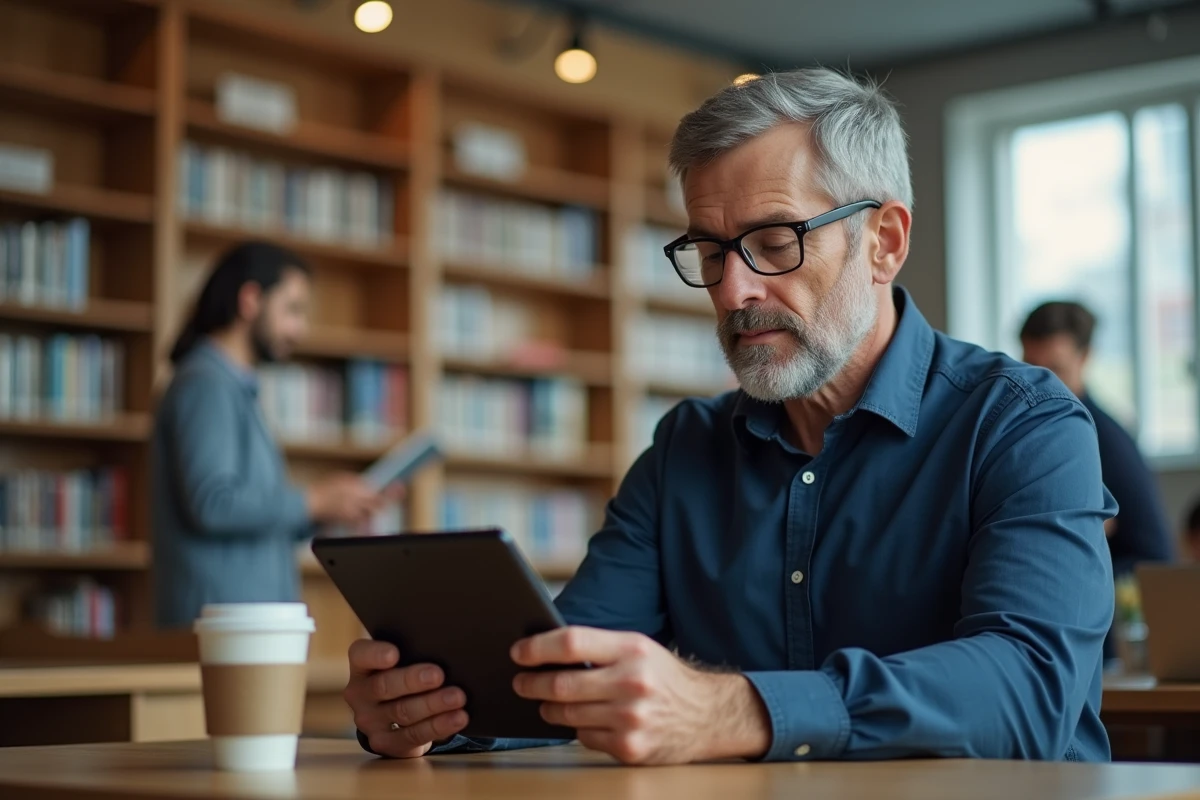 Homme consultant Niodle Magazine en toute sécurité sur une tablette dans une bibliothèque publique