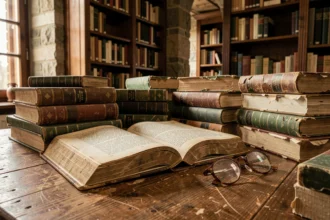 Livre ancien ouvert posé sur une table en chêne dans une bibliothèque européenne aux étagères sombres et murs en pierre