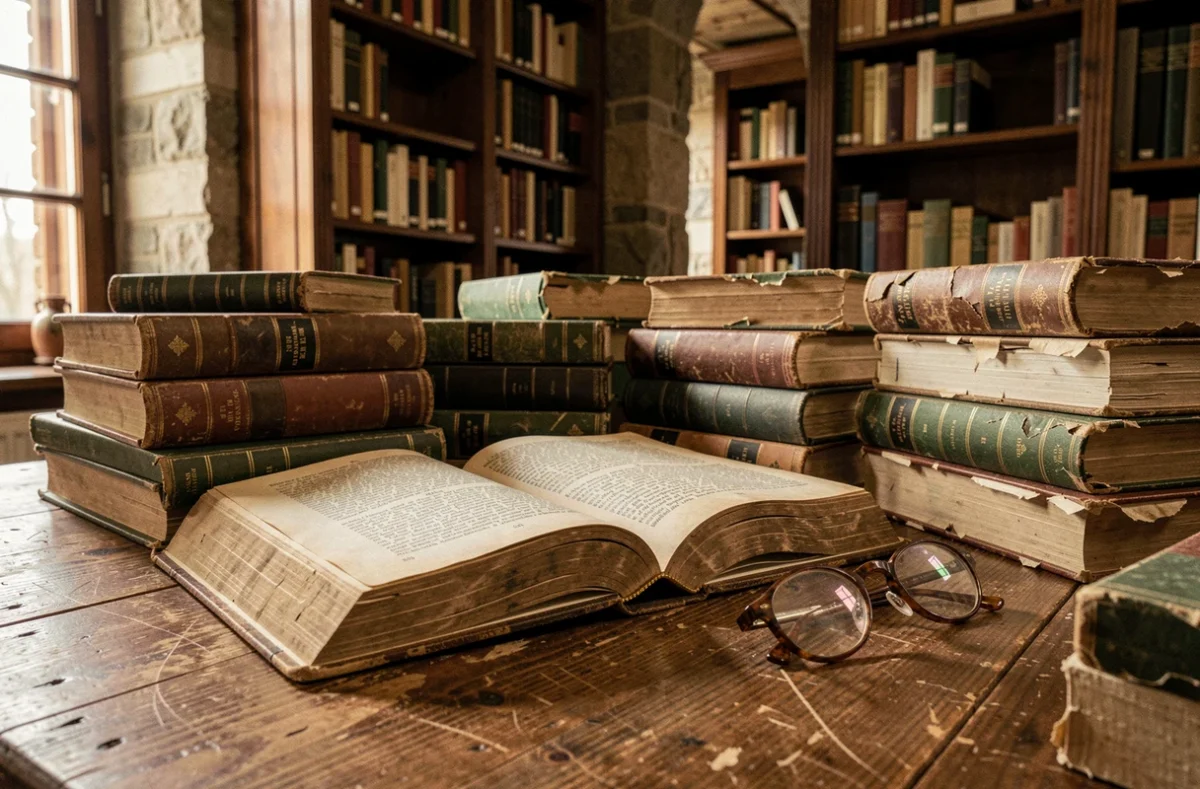 Livre ancien ouvert posé sur une table en chêne dans une bibliothèque européenne aux étagères sombres et murs en pierre