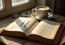 Livre vintage ouvert sur une table en bois avec noms en H