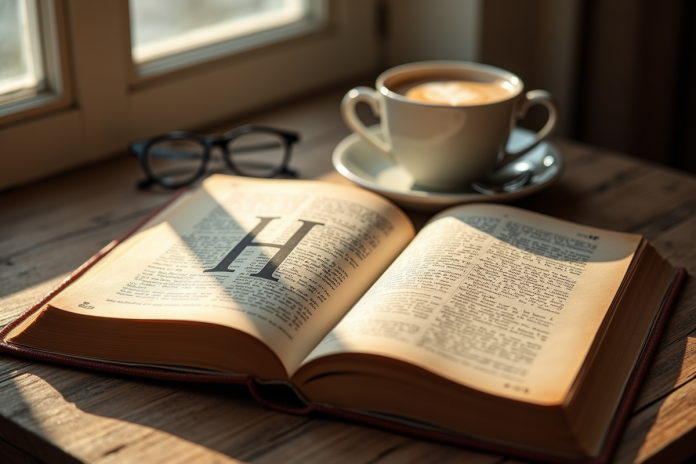 Livre vintage ouvert sur une table en bois avec noms en H