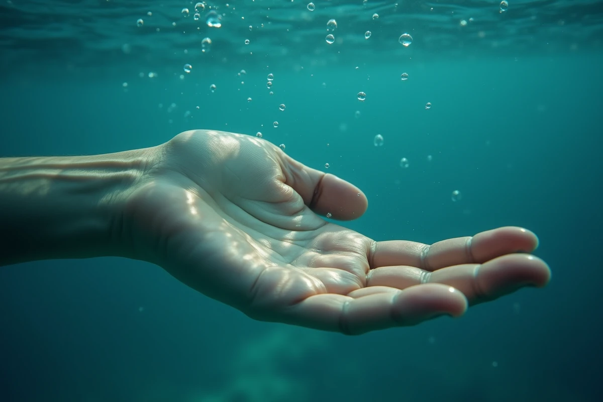 Gros plan sous-marin d'une main ouverte dans une eau bleue limpide, symbolisant la maîtrise de l'élément eau et le calme intérieur de Halibel