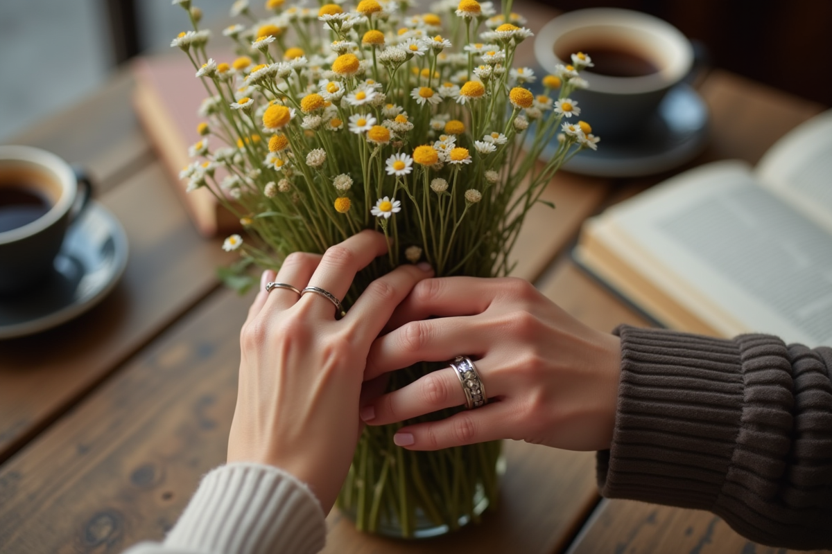 Mains entrelacees avec alliance tenant un bouquet de fleurs sauvages