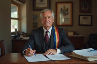 Le maire rural signe des documents dans son bureau