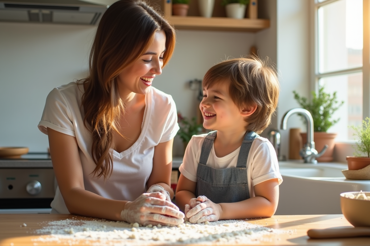 Maman et son enfant cuisinant ensemble dans une cuisine lumineuse