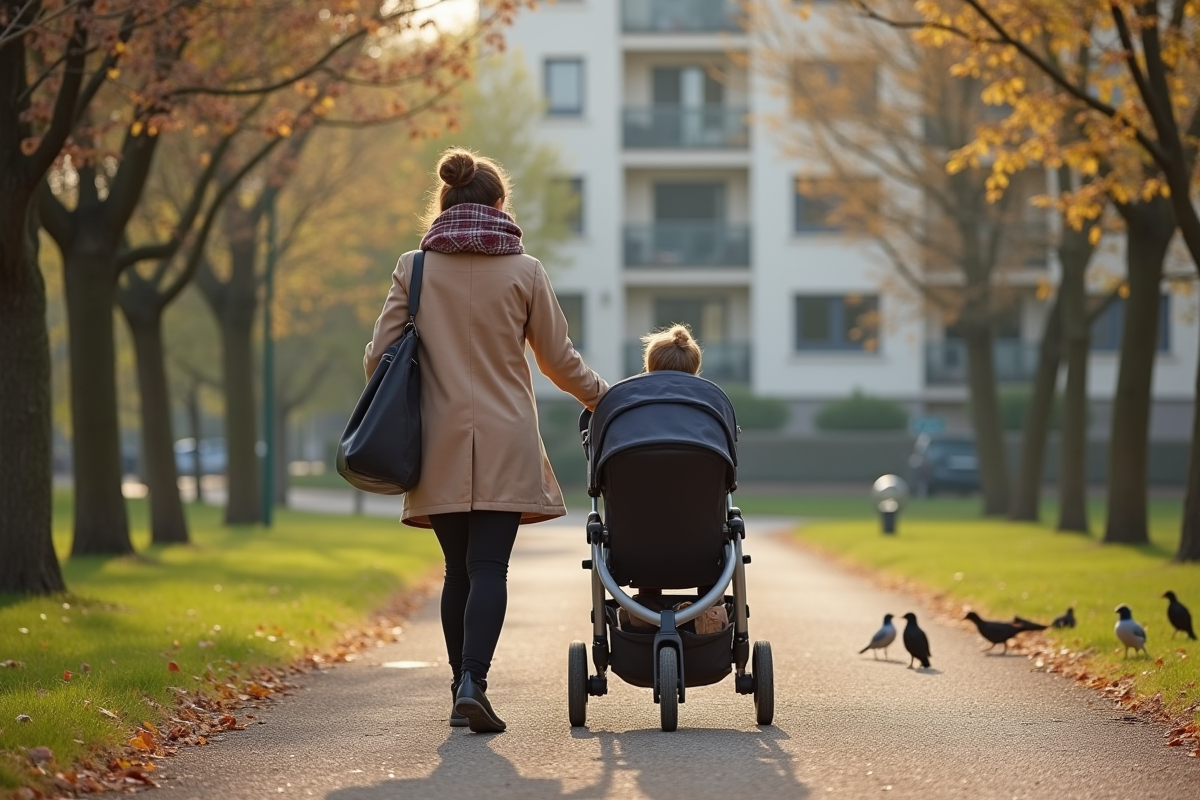 Maman poussant une poussette dans un parc français au printemps
