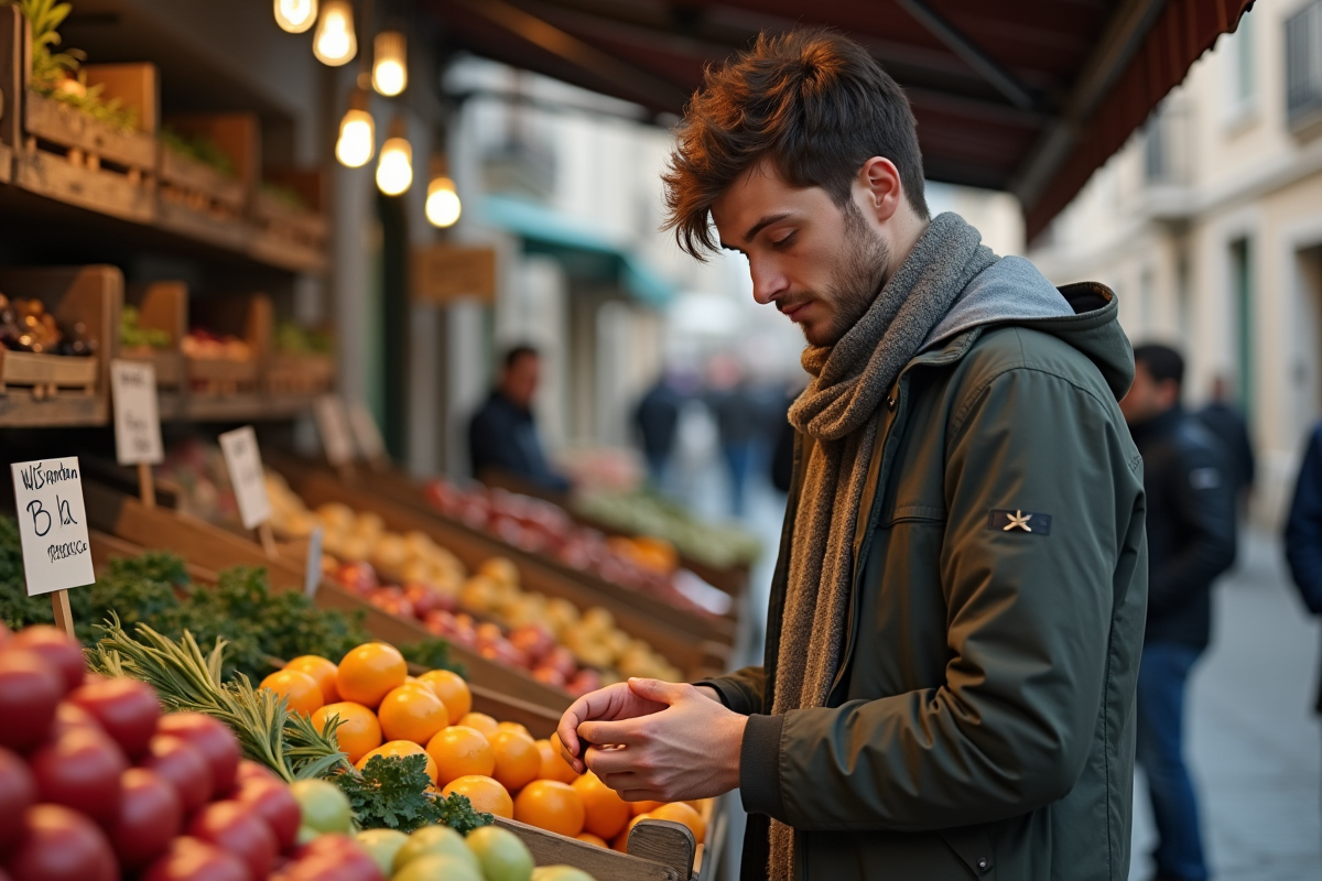 Jeune homme achetant des produits frais au marché
