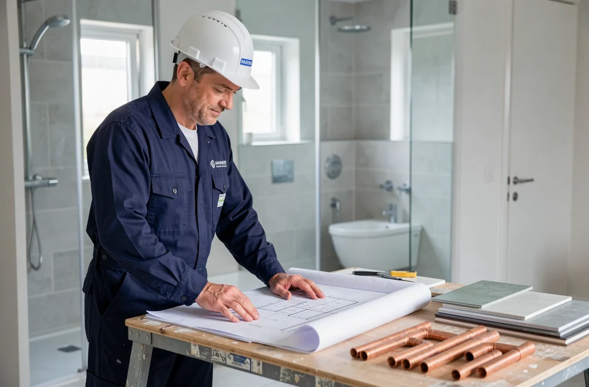 Plombier de Martin SARL supervisant un chantier de rénovation de salle de bain avec des plans et des raccords en cuivre