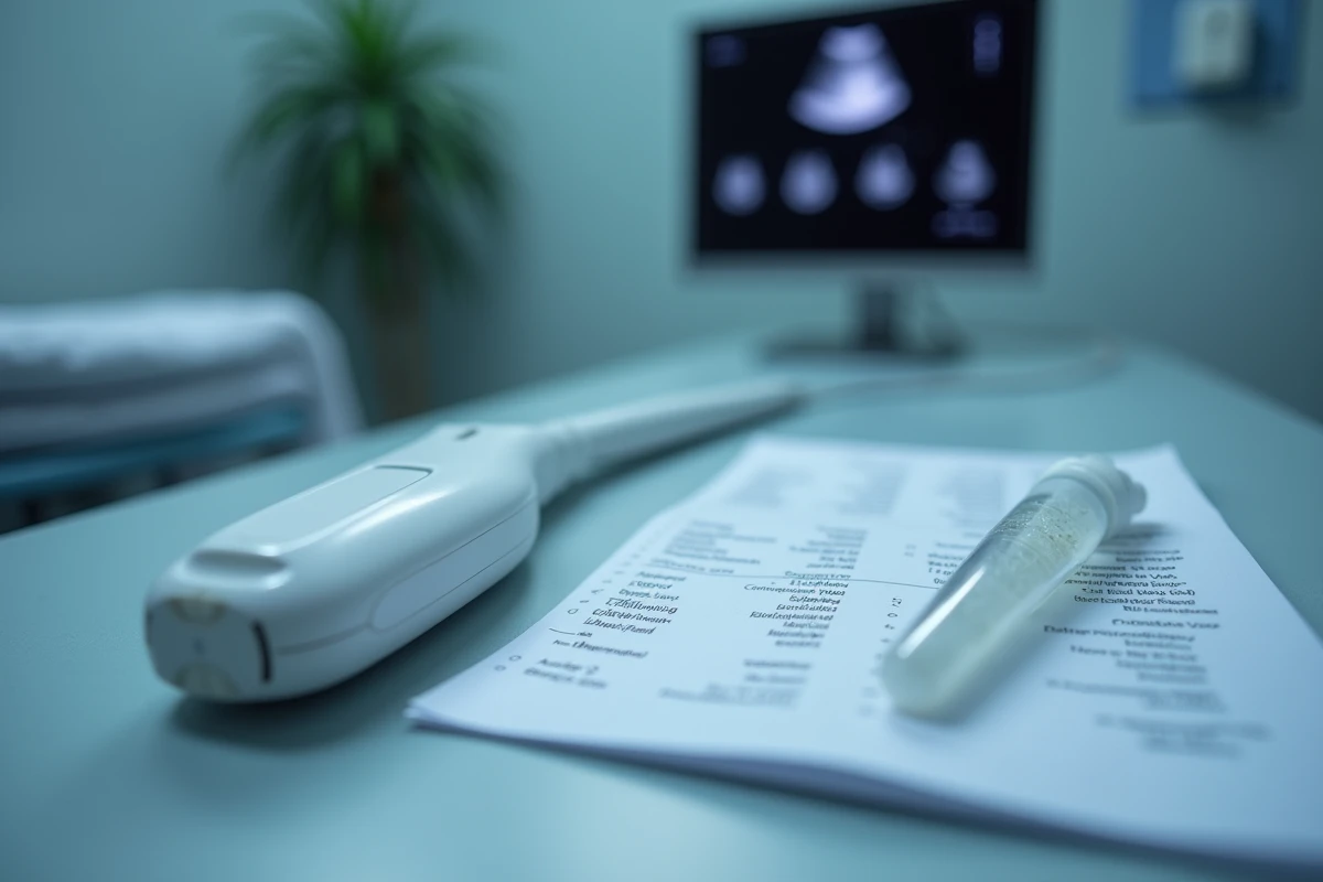 Matériel d'échographie posé sur une table d'examen avec gel conducteur et fiche de préparation patient