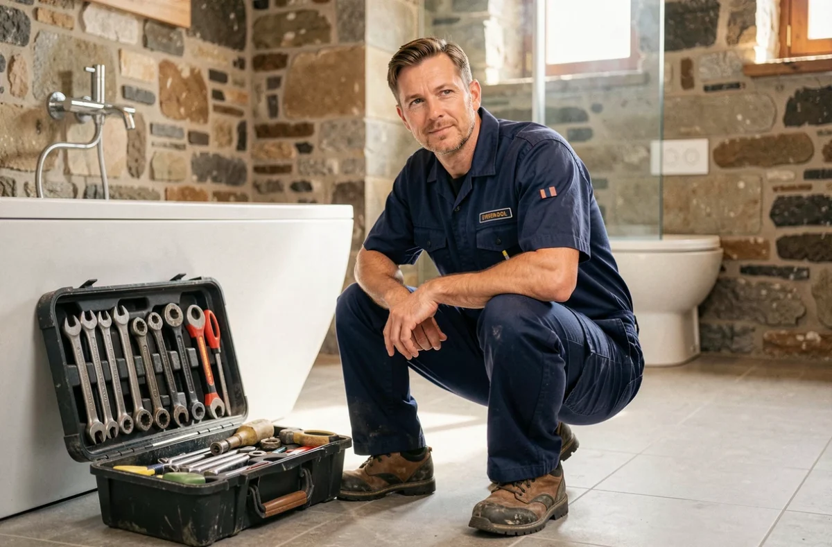 Plombier professionnel travaillant dans une salle de bain rénovée avec des murs en pierre typiques du Jura