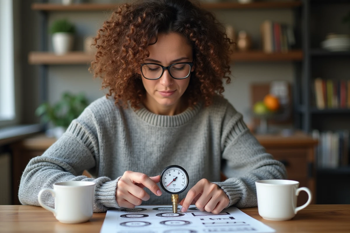 Femme lisant un manomètre dans sa cuisine
