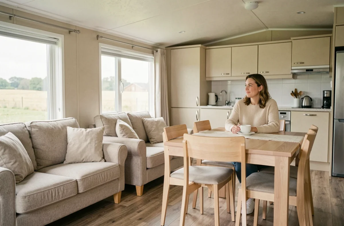 Intérieur spacieux d'un mobil-home moderne avec coin salon, cuisine ouverte et grande fenêtre panoramique