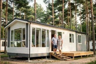 Couple devant un mobil-home spacieux et moderne avec grande terrasse en bois dans un camping entouré de pins