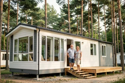 Couple devant un mobil-home spacieux et moderne avec grande terrasse en bois dans un camping entouré de pins