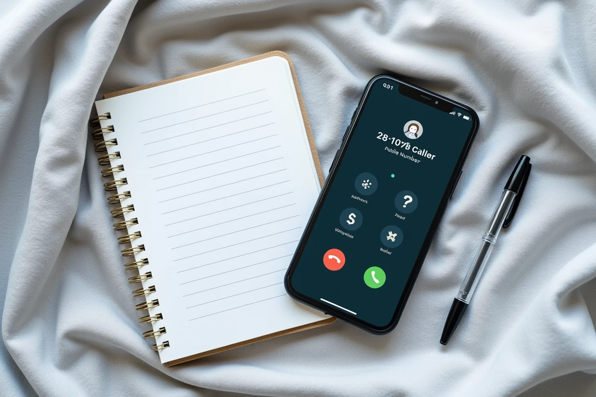 Vue de dessus d'un smartphone affichant un numéro de portable non identifié posé sur un tissu gris avec un carnet de notes